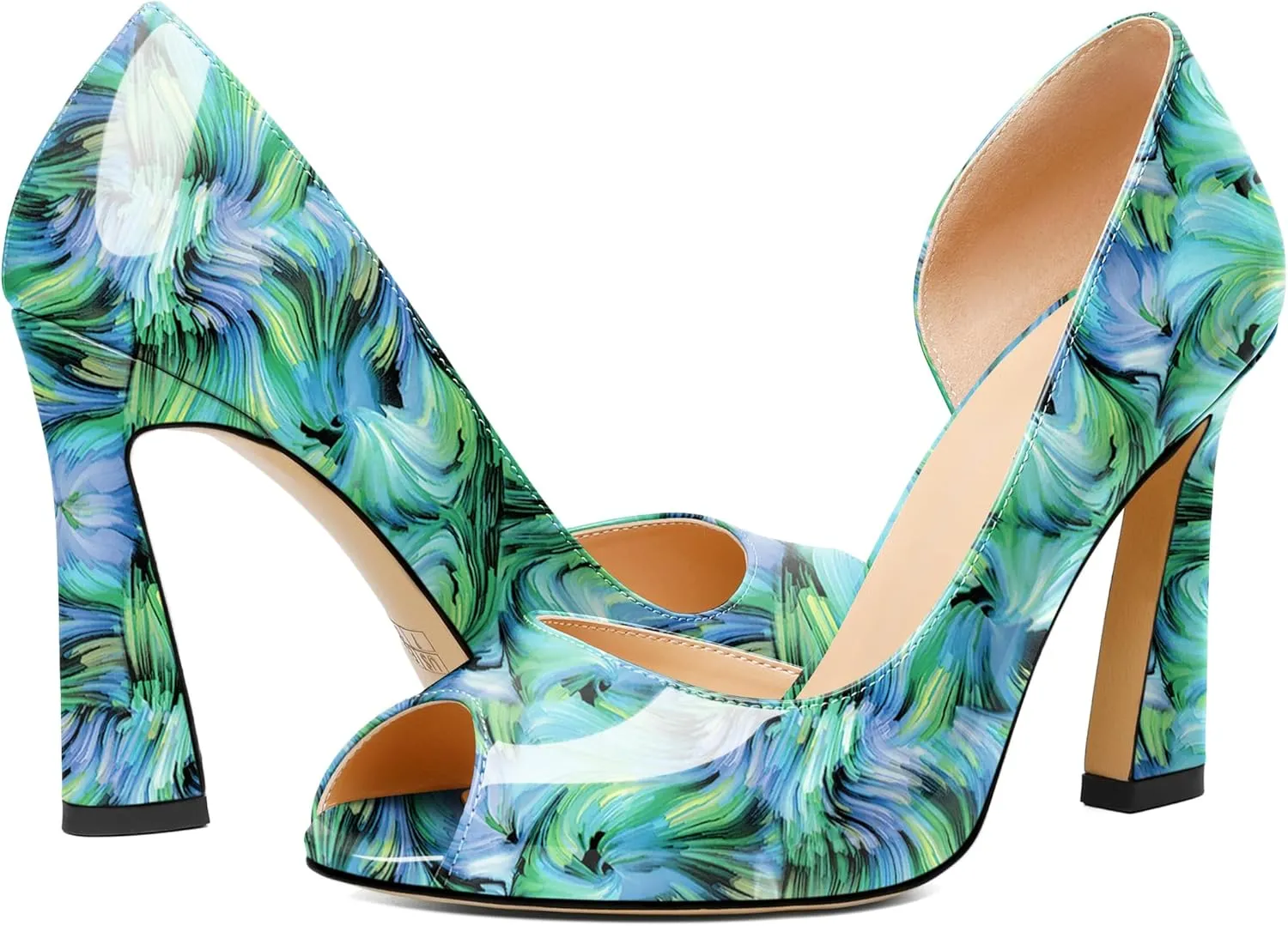Joseywade Peep Toe High Heels for Women Stiletto Heel Pumps Slip-On Open Toe 4 Inch Flare Heel Dress Shoes