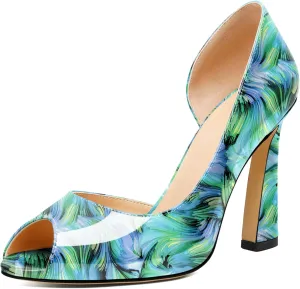 Joseywade Peep Toe High Heels for Women Stiletto Heel Pumps Slip-On Open Toe 4 Inch Flare Heel Dress Shoes