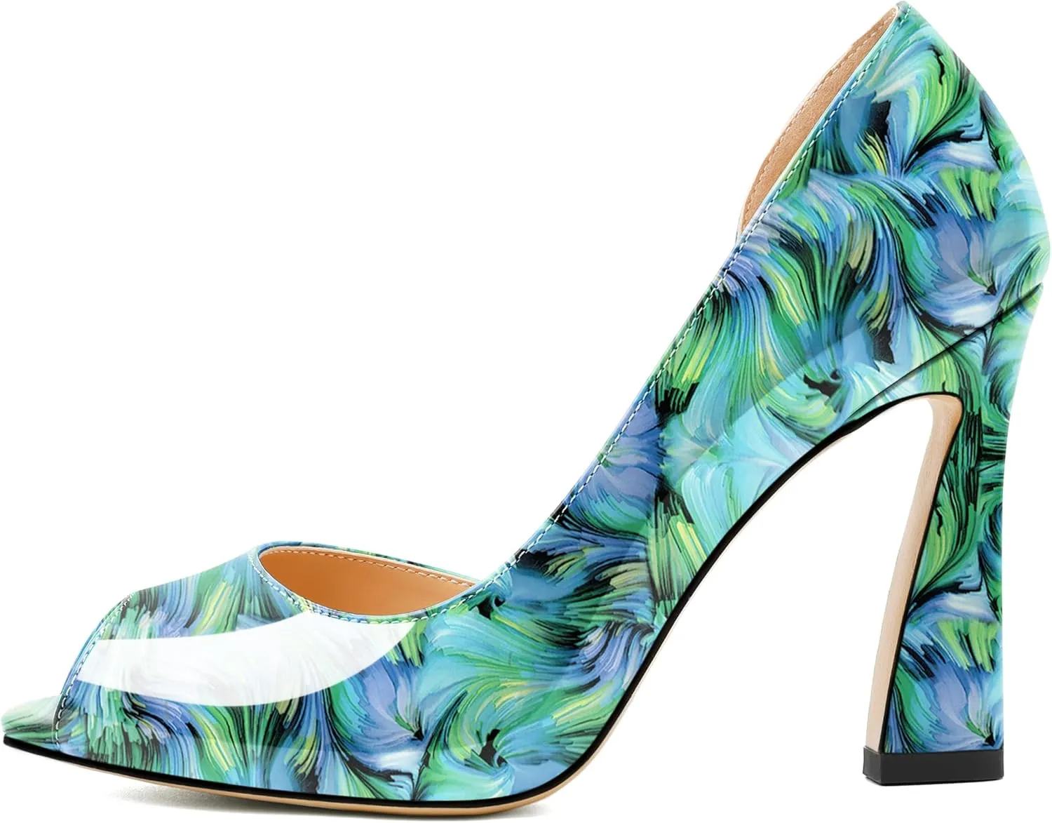 Joseywade Peep Toe High Heels for Women Stiletto Heel Pumps Slip-On Open Toe 4 Inch Flare Heel Dress Shoes