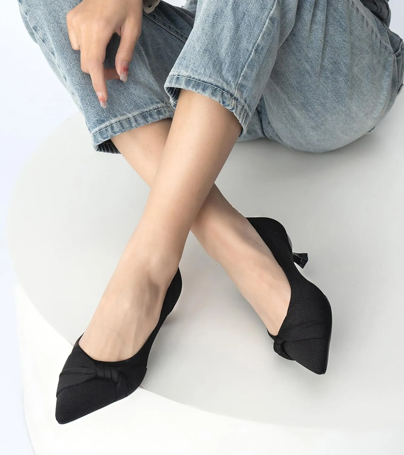 Kitten Heels for Women with Bow Pointed Toe Low Heels Closed Toe Comfortable Pumps Wedding Dress Shoes