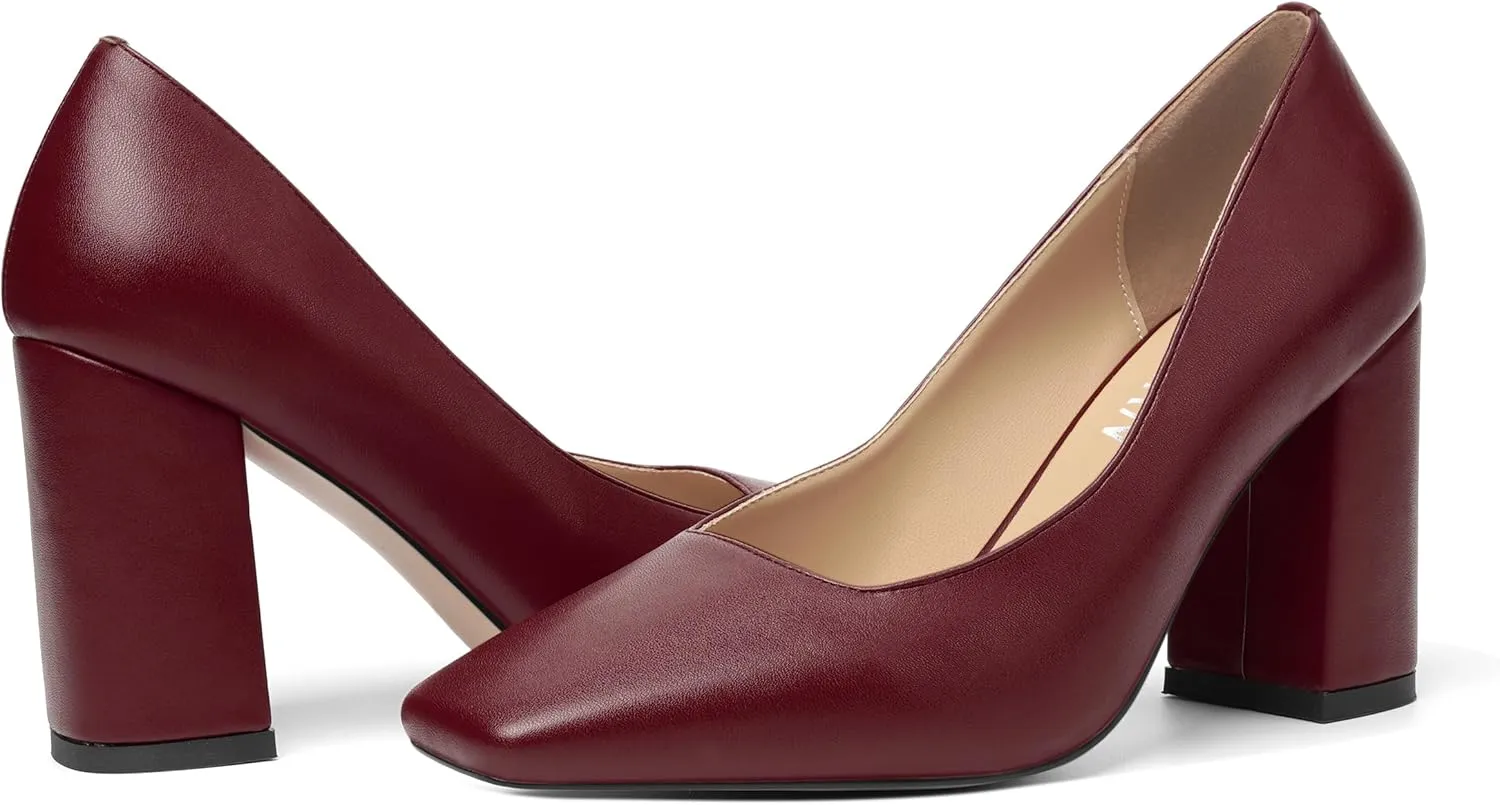 KUOARN Womens Matte Solid Square Toe Work Slip On Fashion Block High Heel Pumps Shoes 3.3 Inch