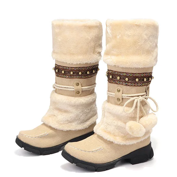 Large Size Rhinestone Slip On Mid Calf Warm Knight Boots
