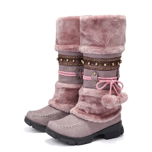 Large Size Rhinestone Slip On Mid Calf Warm Knight Boots