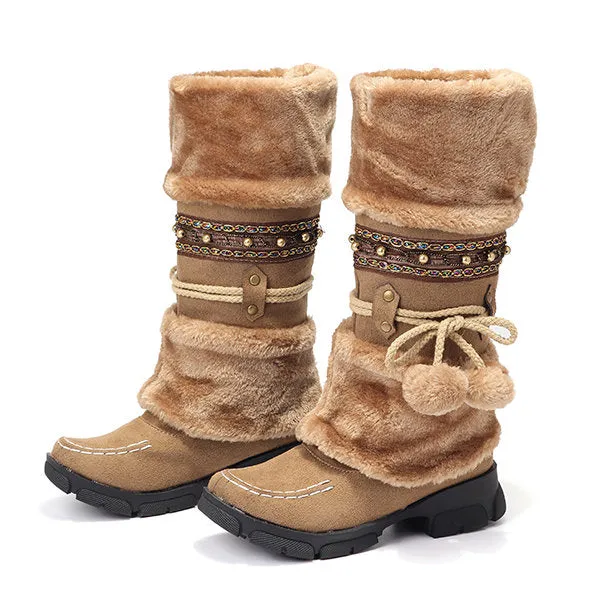 Large Size Rhinestone Slip On Mid Calf Warm Knight Boots