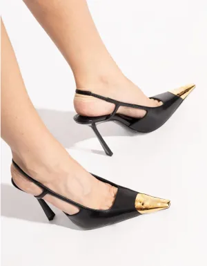 MeiLuSi Womens Slingback Heels Metal Pointed Toe Leather High Heels Stiletto Heel Pumps Backless Pumps Slip on Elastic Strap Party Dress Shoes