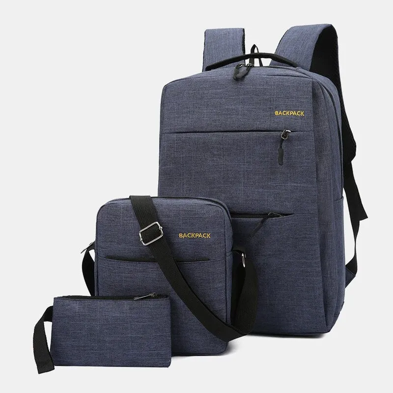 Men 3PCS Nylon USB Charging Wear-resistance Fashion Casual Laptop Bag Backpack Crossbody Clutch