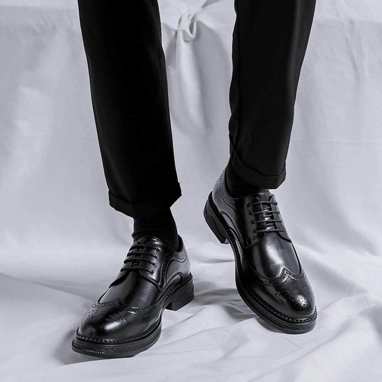 Men's Black Platform Shoes British Style Round Toe Leather Formal Shows