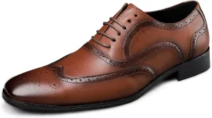 Men's Oxford Dress Lace Up Embossed Oxfords Burnished Wing Tip Block Heel Vegan Leather Sole Non-Slip Rubber Sole Classic Bottom