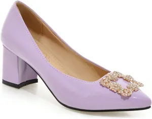 MIOKE Women's Fashion Rhinestone Chunky Mid Heel Pumps Pointy Toe Patent Leather Slip-On Wedding Dress Shoes