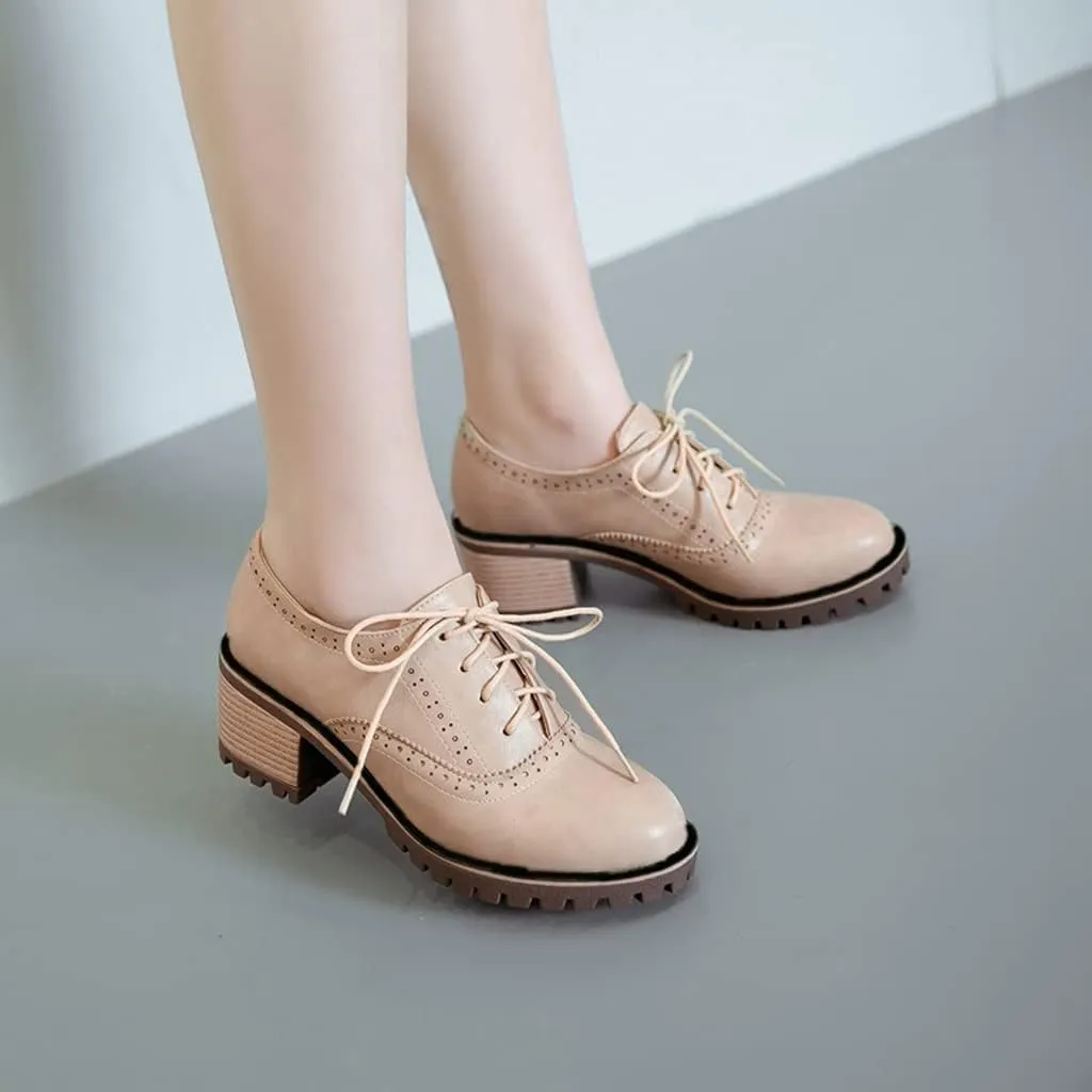 MIOKE Women's Round Toe Lace Up Pump Oxfords Brogues Wingtip Chunky Mid Heel Platform Vintage Dress Shoes