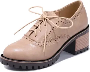 MIOKE Women's Round Toe Lace Up Pump Oxfords Brogues Wingtip Chunky Mid Heel Platform Vintage Dress Shoes