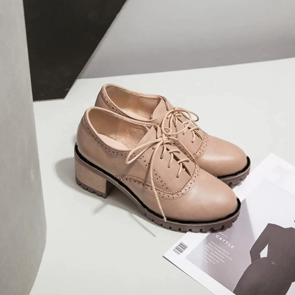 MIOKE Women's Round Toe Lace Up Pump Oxfords Brogues Wingtip Chunky Mid Heel Platform Vintage Dress Shoes