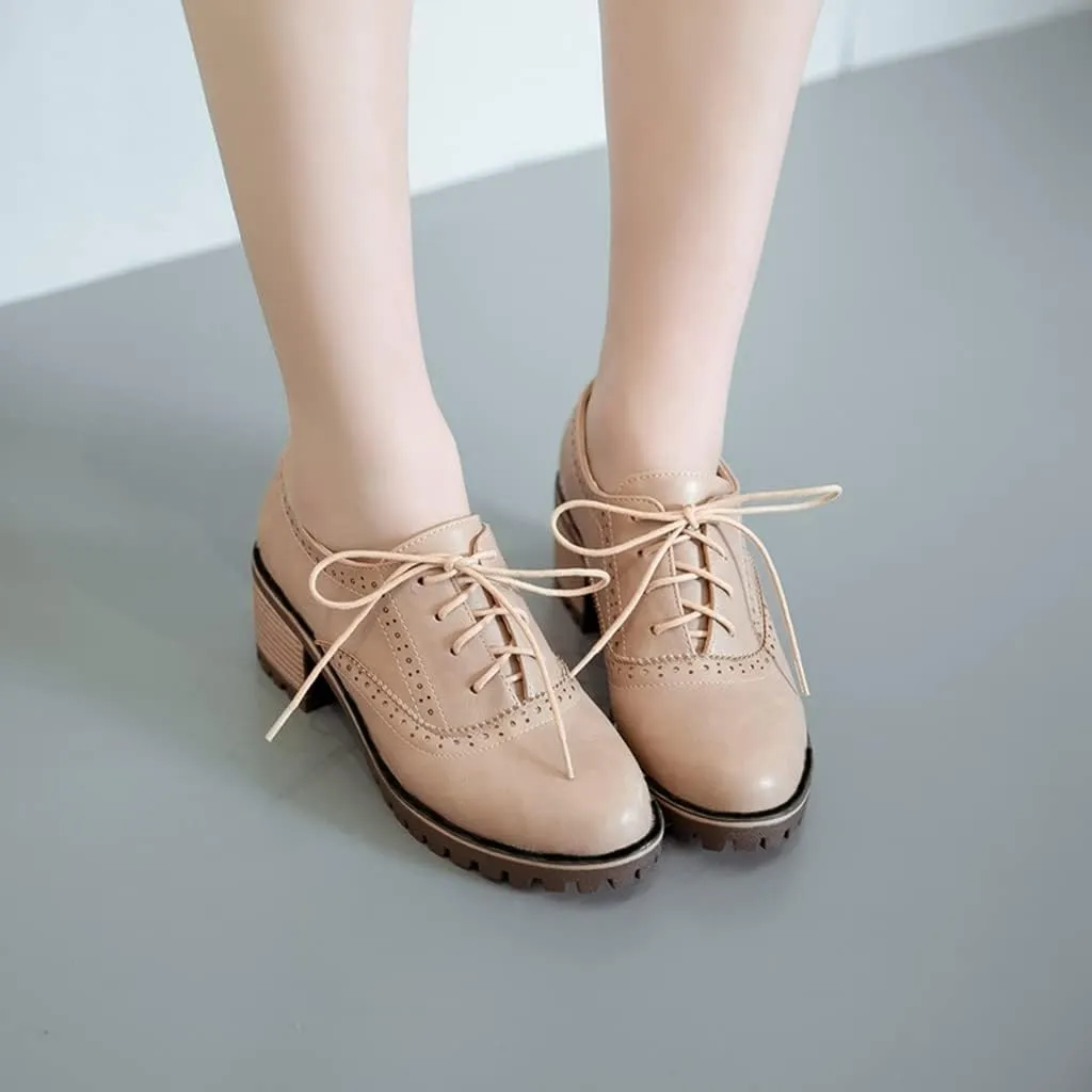 MIOKE Women's Round Toe Lace Up Pump Oxfords Brogues Wingtip Chunky Mid Heel Platform Vintage Dress Shoes