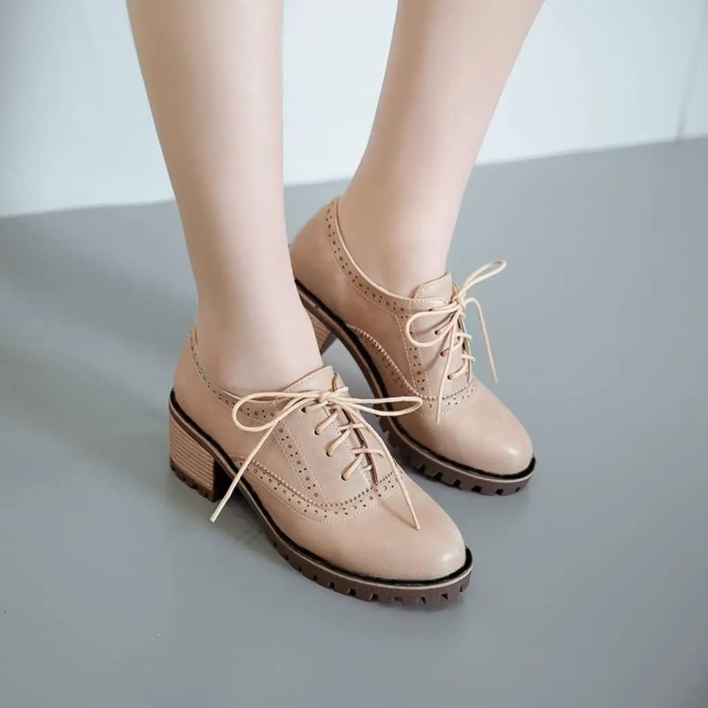 MIOKE Women's Round Toe Lace Up Pump Oxfords Brogues Wingtip Chunky Mid Heel Platform Vintage Dress Shoes