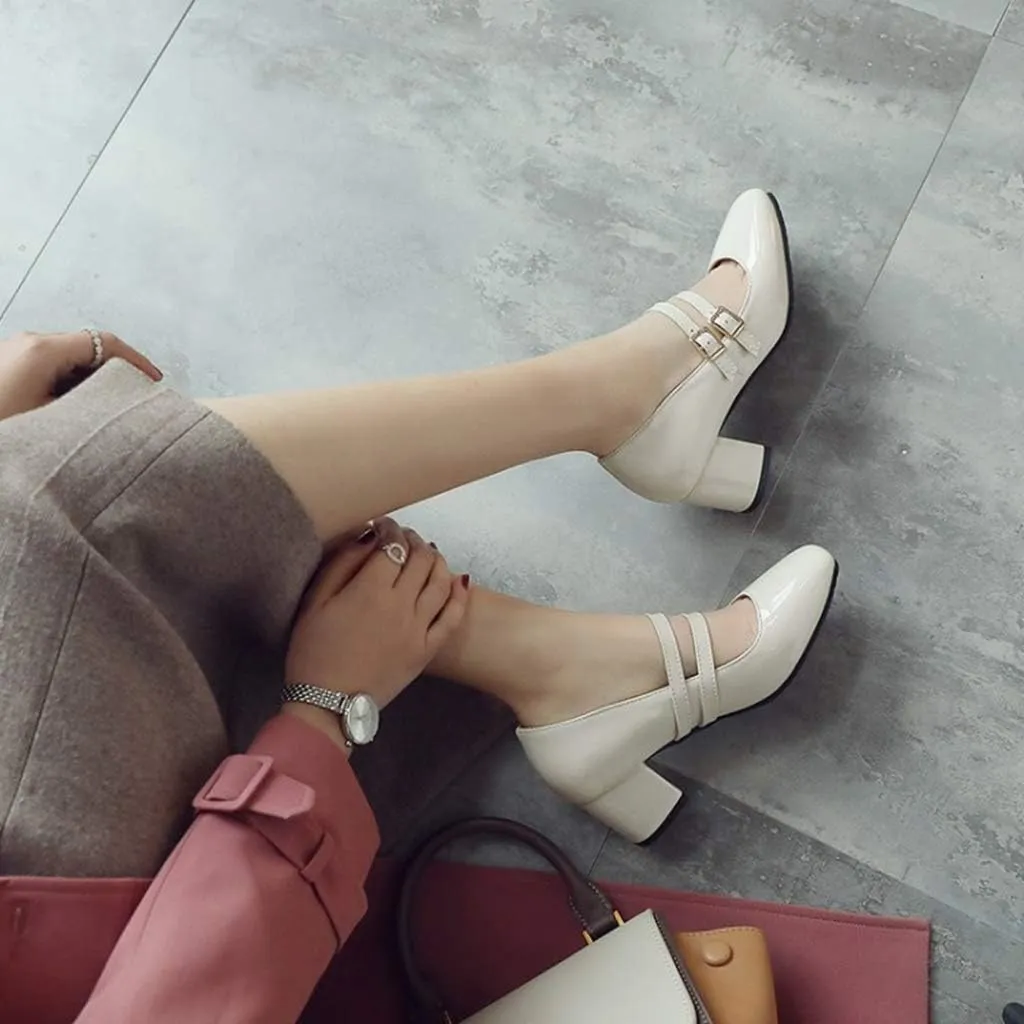 MIOKE Women's Square Toe Mary Jane Pumps Buckle Strappy Comfort Chunky Block Mid Heel Classic Dress Shoes