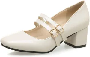 MIOKE Women's Square Toe Mary Jane Pumps Buckle Strappy Comfort Chunky Block Mid Heel Classic Dress Shoes