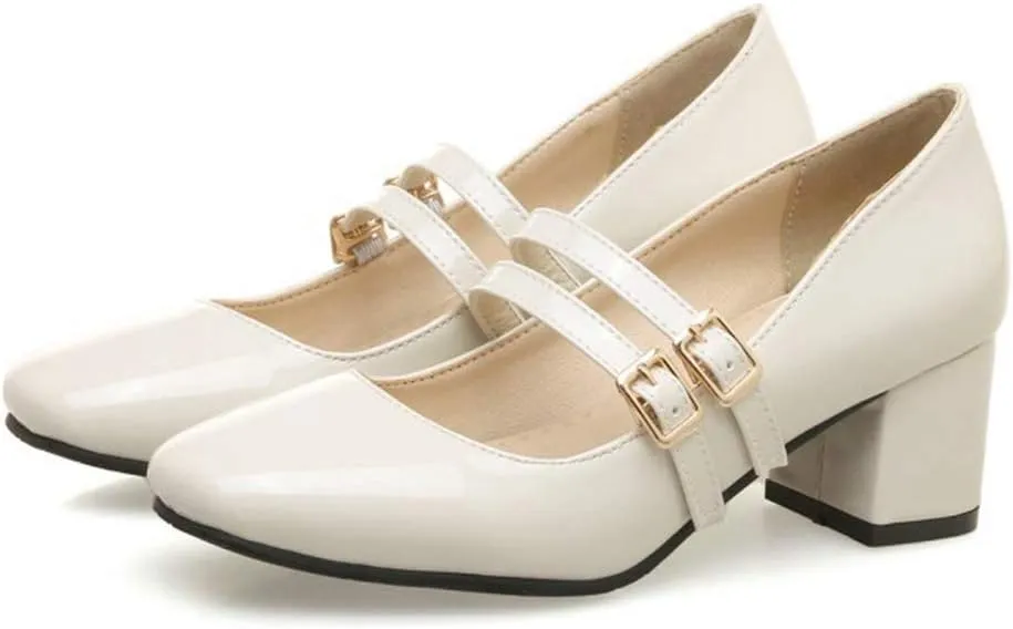 MIOKE Women's Square Toe Mary Jane Pumps Buckle Strappy Comfort Chunky Block Mid Heel Classic Dress Shoes
