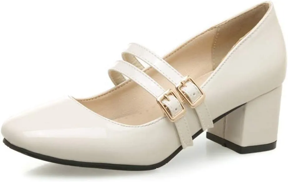 MIOKE Women's Square Toe Mary Jane Pumps Buckle Strappy Comfort Chunky Block Mid Heel Classic Dress Shoes