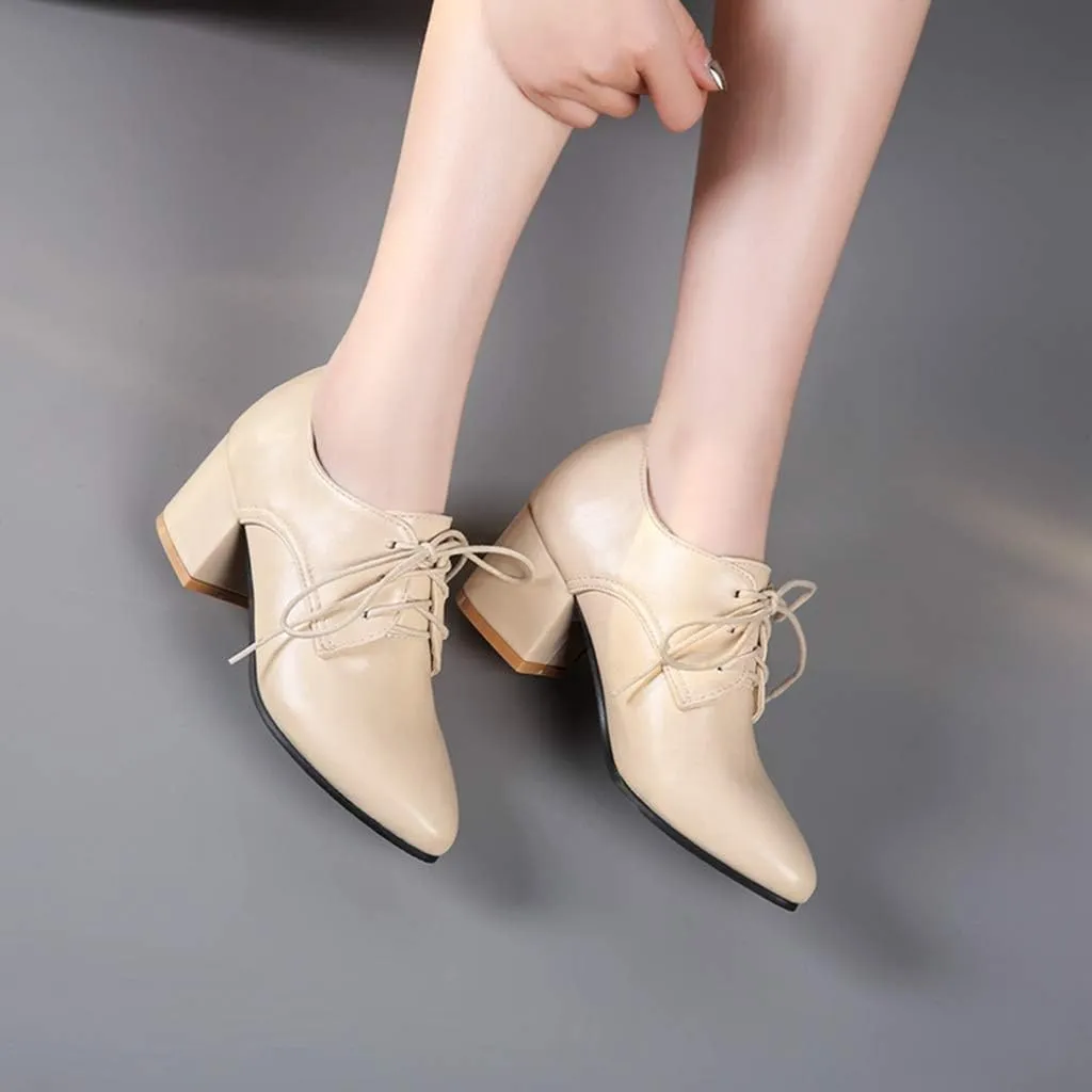MIOKE Women's Vintage Lace Up Pump Oxfords Pointed Toe Chunky Block Mid Heel Brogues Office Dress Shoes