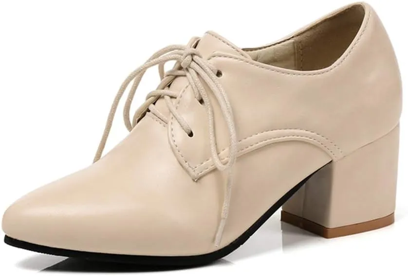 MIOKE Women's Vintage Lace Up Pump Oxfords Pointed Toe Chunky Block Mid Heel Brogues Office Dress Shoes