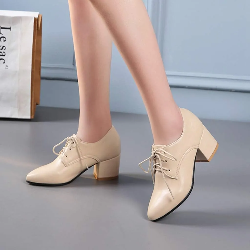 MIOKE Women's Vintage Lace Up Pump Oxfords Pointed Toe Chunky Block Mid Heel Brogues Office Dress Shoes