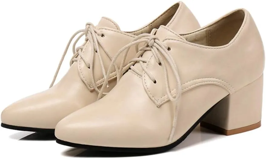 MIOKE Women's Vintage Lace Up Pump Oxfords Pointed Toe Chunky Block Mid Heel Brogues Office Dress Shoes