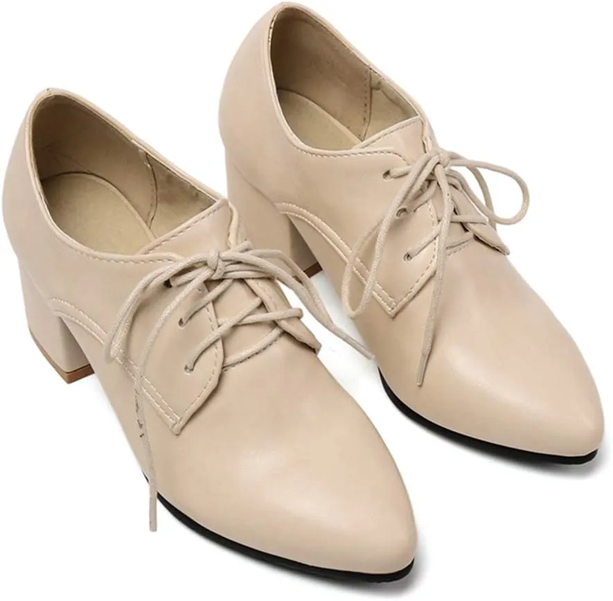 MIOKE Women's Vintage Lace Up Pump Oxfords Pointed Toe Chunky Block Mid Heel Brogues Office Dress Shoes
