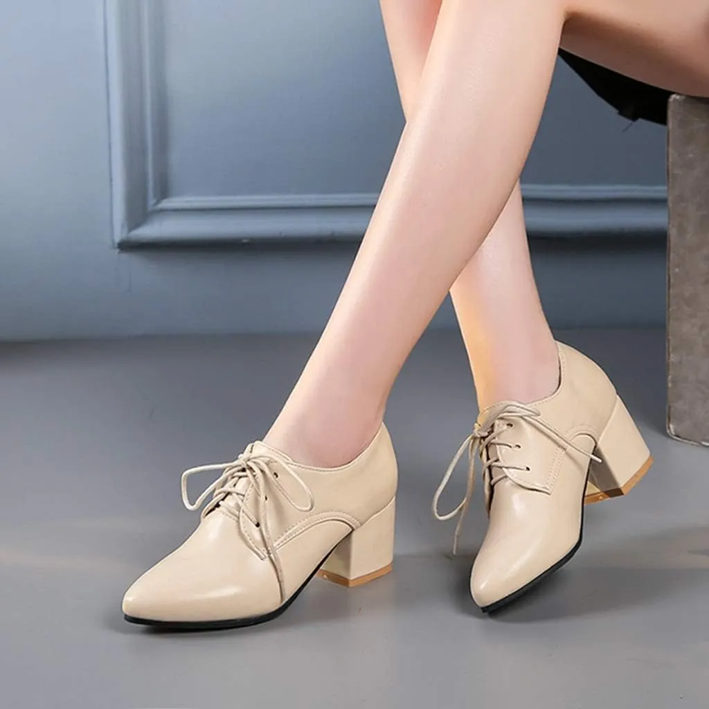 MIOKE Women's Vintage Lace Up Pump Oxfords Pointed Toe Chunky Block Mid Heel Brogues Office Dress Shoes