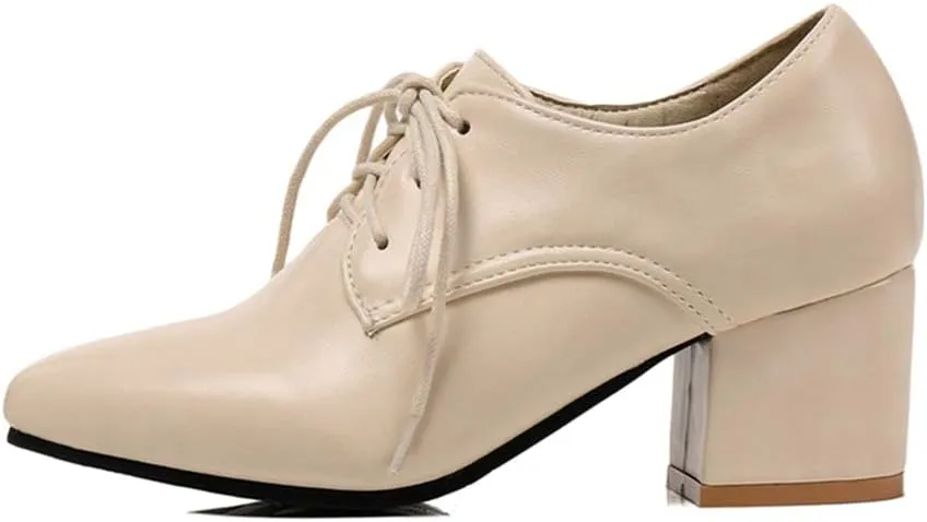 MIOKE Women's Vintage Lace Up Pump Oxfords Pointed Toe Chunky Block Mid Heel Brogues Office Dress Shoes