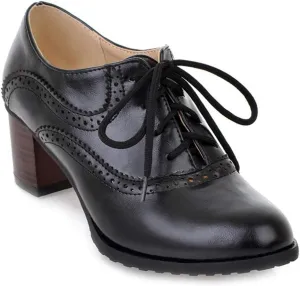 MIOKE Women's Vintage Pump Oxfords Brogues Lace Up Wingtip Perforated Chunky Mid Block Heel Dress Shoes