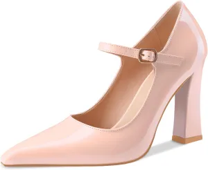 Oh Mispares Womens Pointed Toe Pumps Mary Jane Chunky Heel Closed Toe Heels Adjustable Strap Elegant Wedding Prom Office 4 Inch Dress Shoes