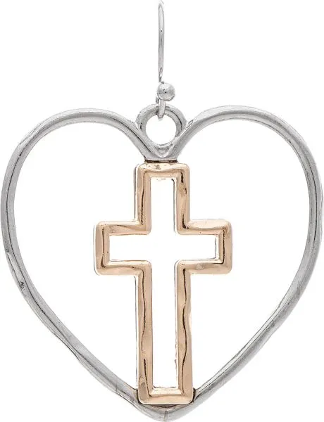 Rain Jewelry Two-Tone Faithful Heart Center Cross Earrings 