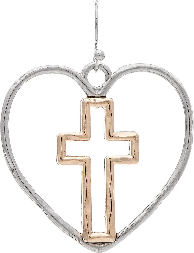 Rain Jewelry Two-Tone Faithful Heart Center Cross Earrings 