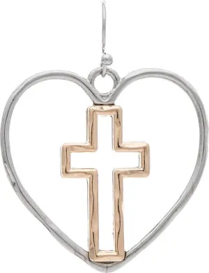 Rain Jewelry Two-Tone Faithful Heart Center Cross Earrings 