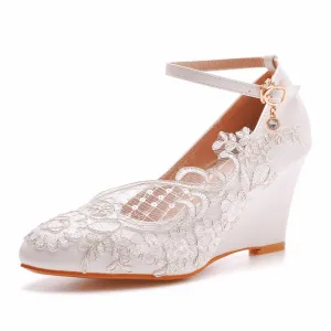 Round Toe Lace Ankle Strap Wedge Heel Wedding Shoes