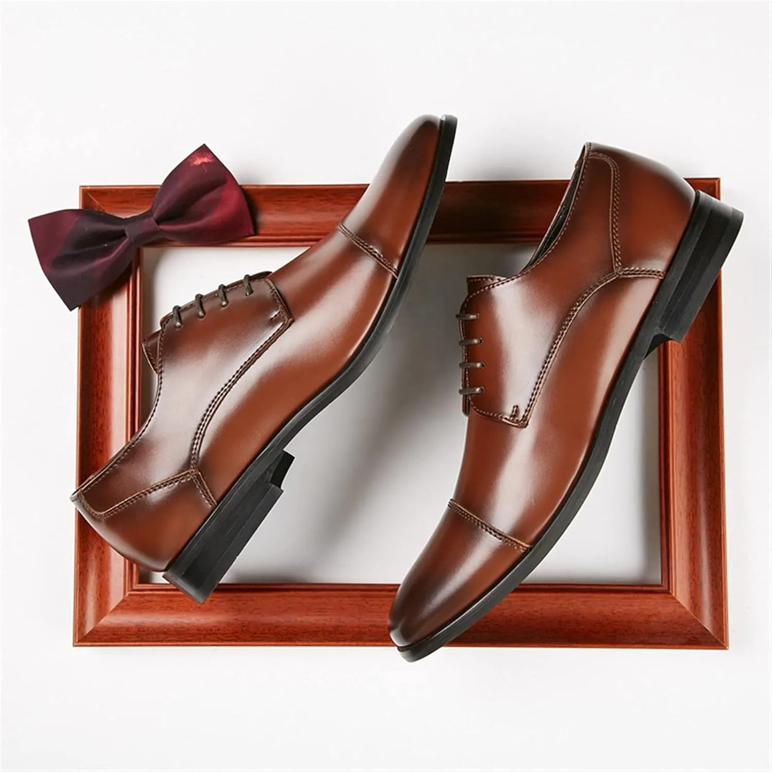 Single Season Formal Shoes for Men Lace Up Cap Toe Black Round Burnished Toe Vegan Leather Rubber Sole Slip Resistant Anti-Slip Low Top Block Heel Wedding Very Popular Among Young People