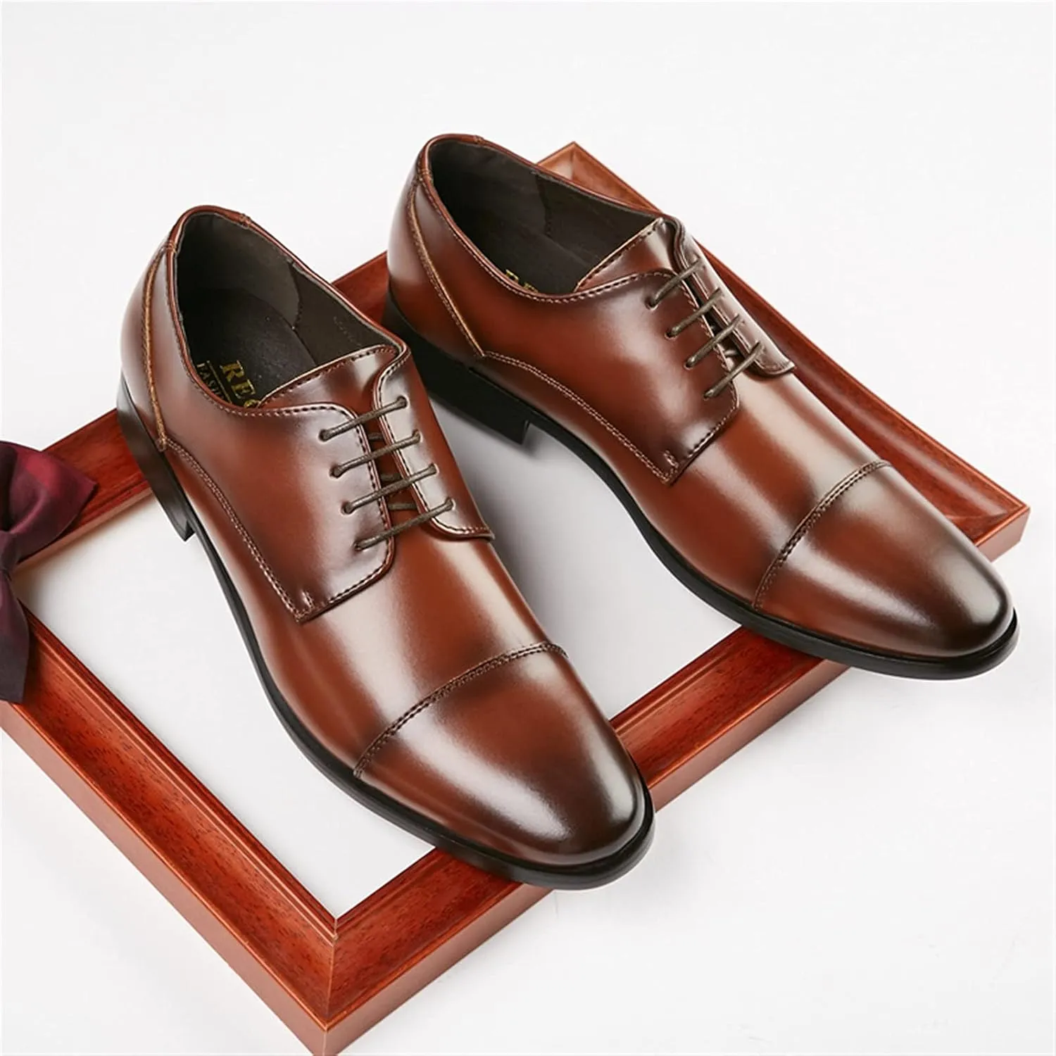 Single Season Formal Shoes for Men Lace Up Cap Toe Black Round Burnished Toe Vegan Leather Rubber Sole Slip Resistant Anti-Slip Low Top Block Heel Wedding Very Popular Among Young People