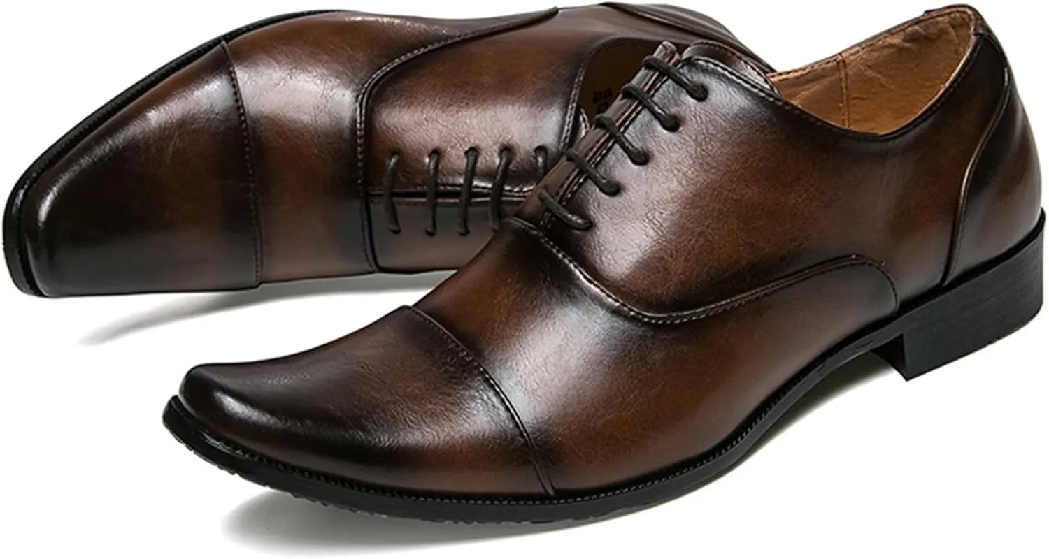 Single Season Oxford Shoes for Men Lace Up Snip Toe Burnished Toe Cap Toe Vegan Leather Block Heel Rubber Sole Non Slip Party Very Popular Among Young People