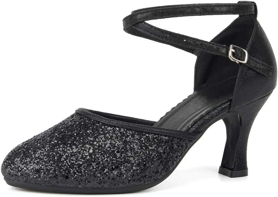 SWDZM Glitter Women Latin Dance Shoes Closed Toe Ballroom Salsa Dance Heels Party Dress Shoes