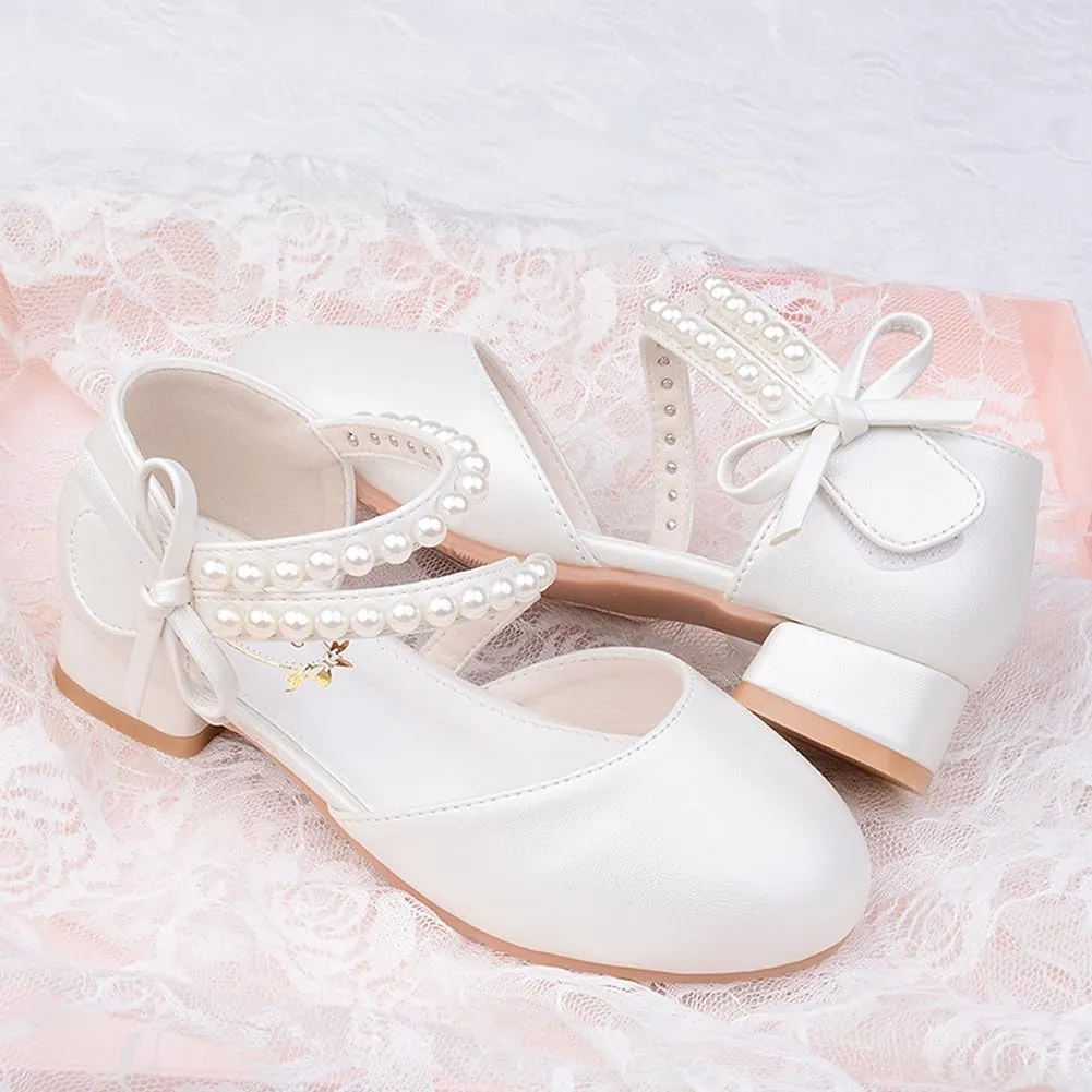 Toddler Flower Girl Princess Dress Shoes Pearl Straps Wedding Bridesmaids Party Low Heels Mary Jane Pumps for Little Girl