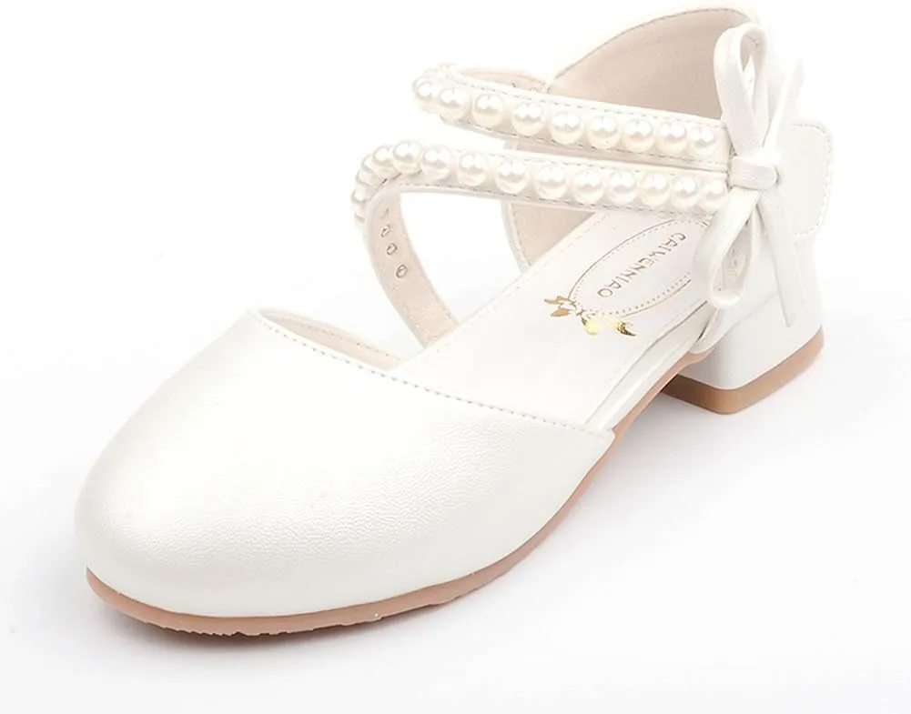 Toddler Flower Girl Princess Dress Shoes Pearl Straps Wedding Bridesmaids Party Low Heels Mary Jane Pumps for Little Girl