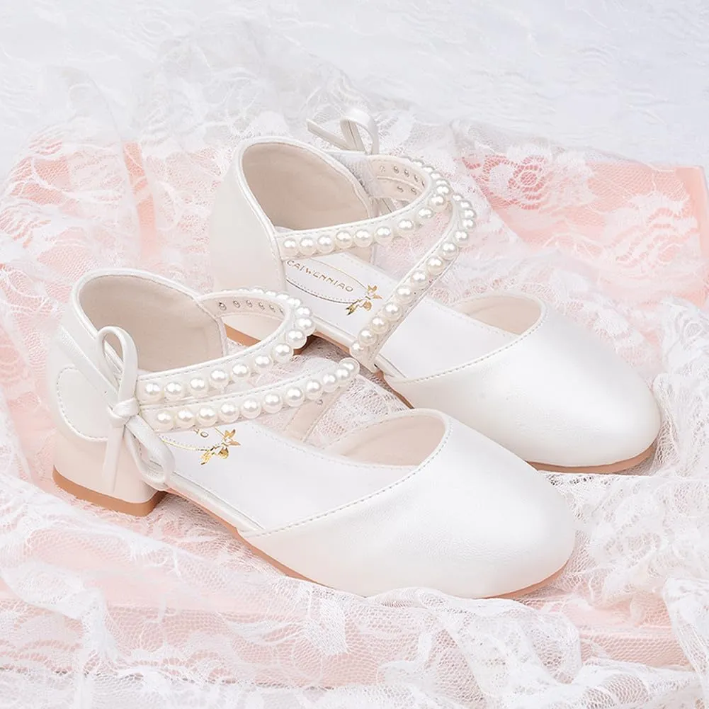 Toddler Flower Girl Princess Dress Shoes Pearl Straps Wedding Bridesmaids Party Low Heels Mary Jane Pumps for Little Girl