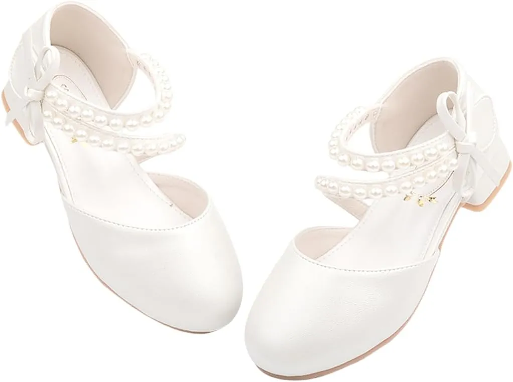 Toddler Flower Girl Princess Dress Shoes Pearl Straps Wedding Bridesmaids Party Low Heels Mary Jane Pumps for Little Girl
