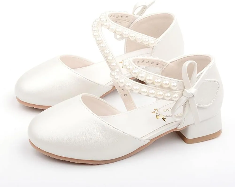 Toddler Flower Girl Princess Dress Shoes Pearl Straps Wedding Bridesmaids Party Low Heels Mary Jane Pumps for Little Girl