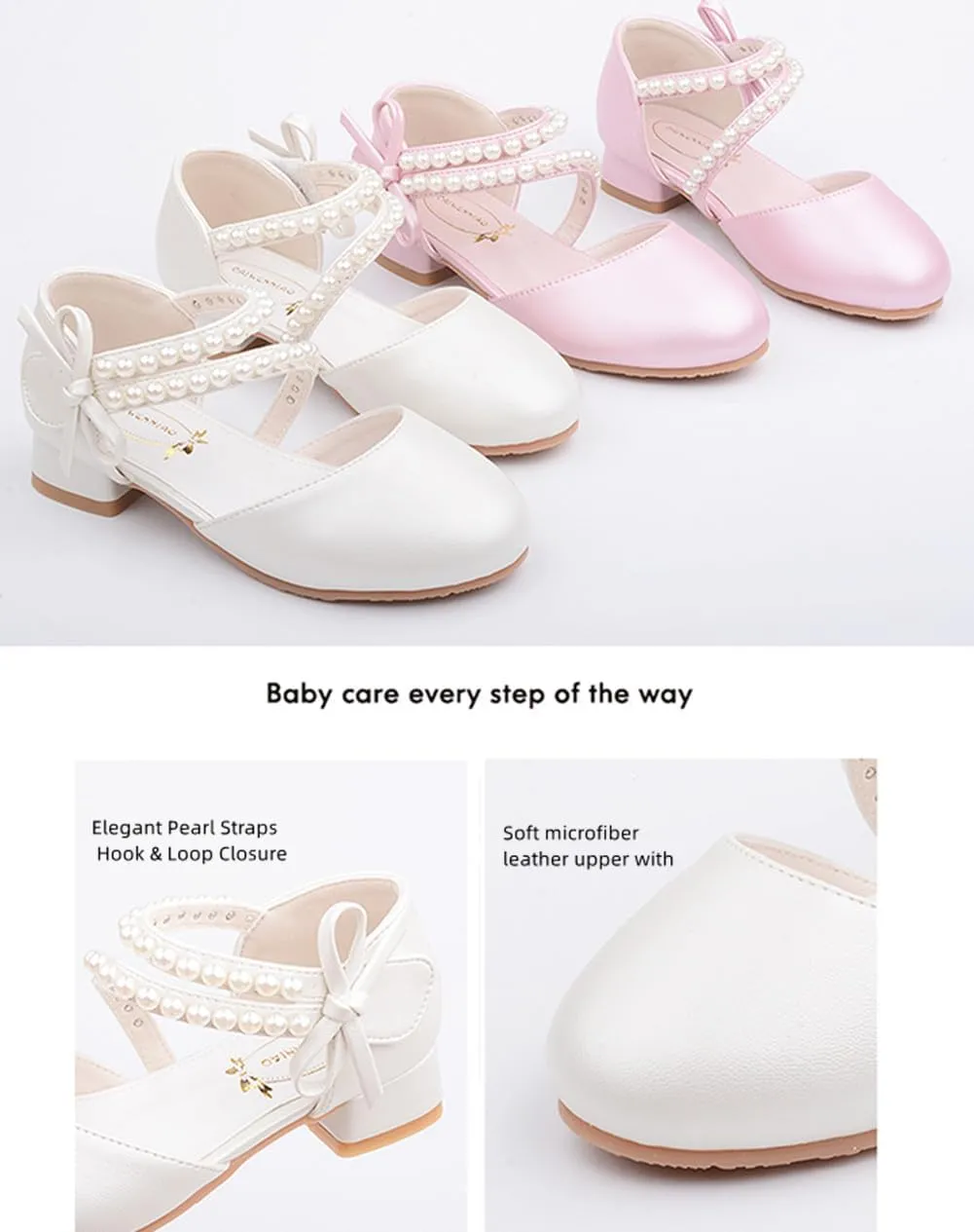 Toddler Flower Girl Princess Dress Shoes Pearl Straps Wedding Bridesmaids Party Low Heels Mary Jane Pumps for Little Girl