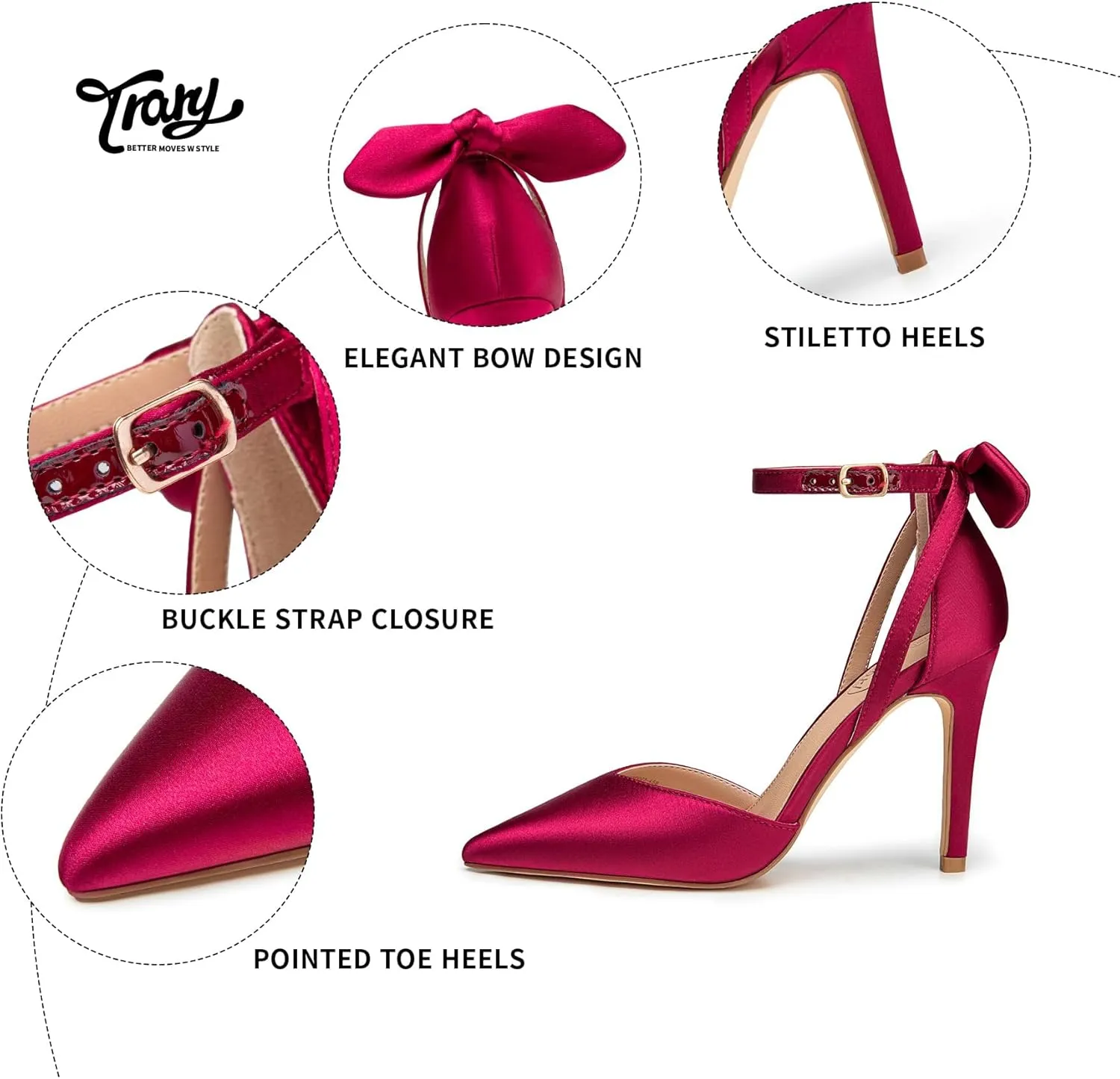 Trary Heels for Women Closed Pointed Toe Heels Women's Pumps Stiletto High Shoes with Bow Knot Comfortable Ankle Strap Office Party Wedding Dress Shoes 3.74" Heel