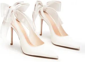 Wedding Shoes for Bridal Satin Back Bow Heels Closed Pointed Toe Stiletto High Heel Pumps Slip On Dress Shoes