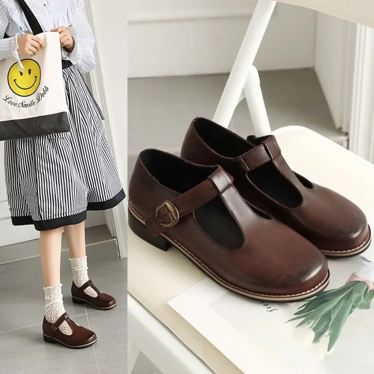 Women Flats Round Toe Shallow Mouth Mary Jane  Ankle Strap Buckle