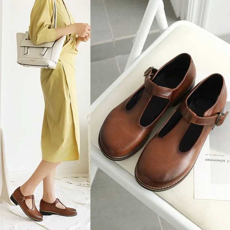 Women Flats Round Toe Shallow Mouth Mary Jane  Ankle Strap Buckle