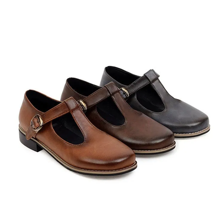 Women Flats Round Toe Shallow Mouth Mary Jane  Ankle Strap Buckle